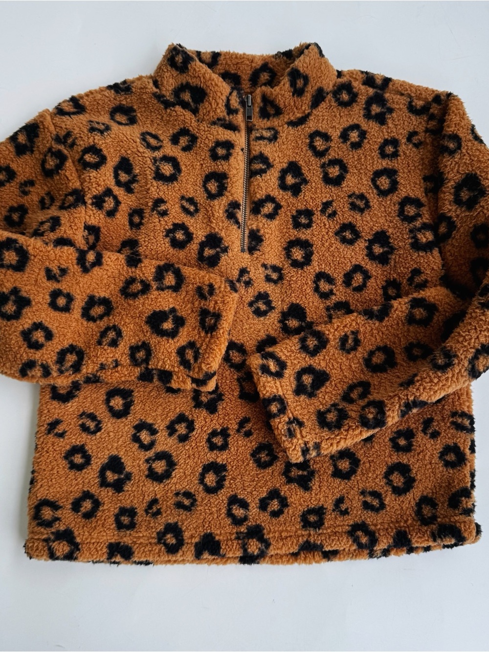 Melrose and Market Leopard-Print Sherpa Pullover in Brown and Black